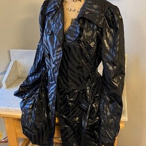 bebe Vintage Look Shiny Black Trench Corset Back Coat Belt Attached!! M Amazing